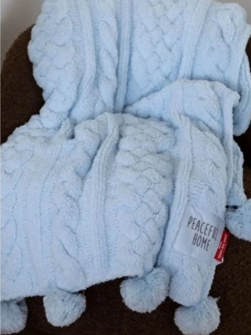 Peace Love World Light Blue Cable Knit Throw with Pom Poms